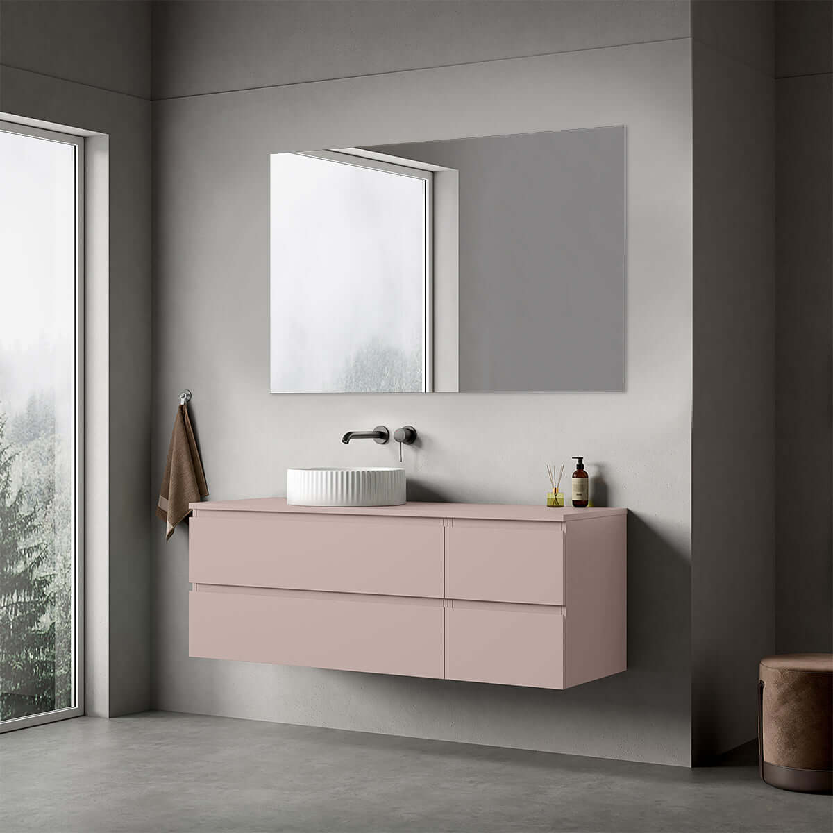 Mobile bagno sospeso reversibile  140 cm Rosa Retrò per Lavabo d'appoggio Specchio Quadro - Fiji Paint