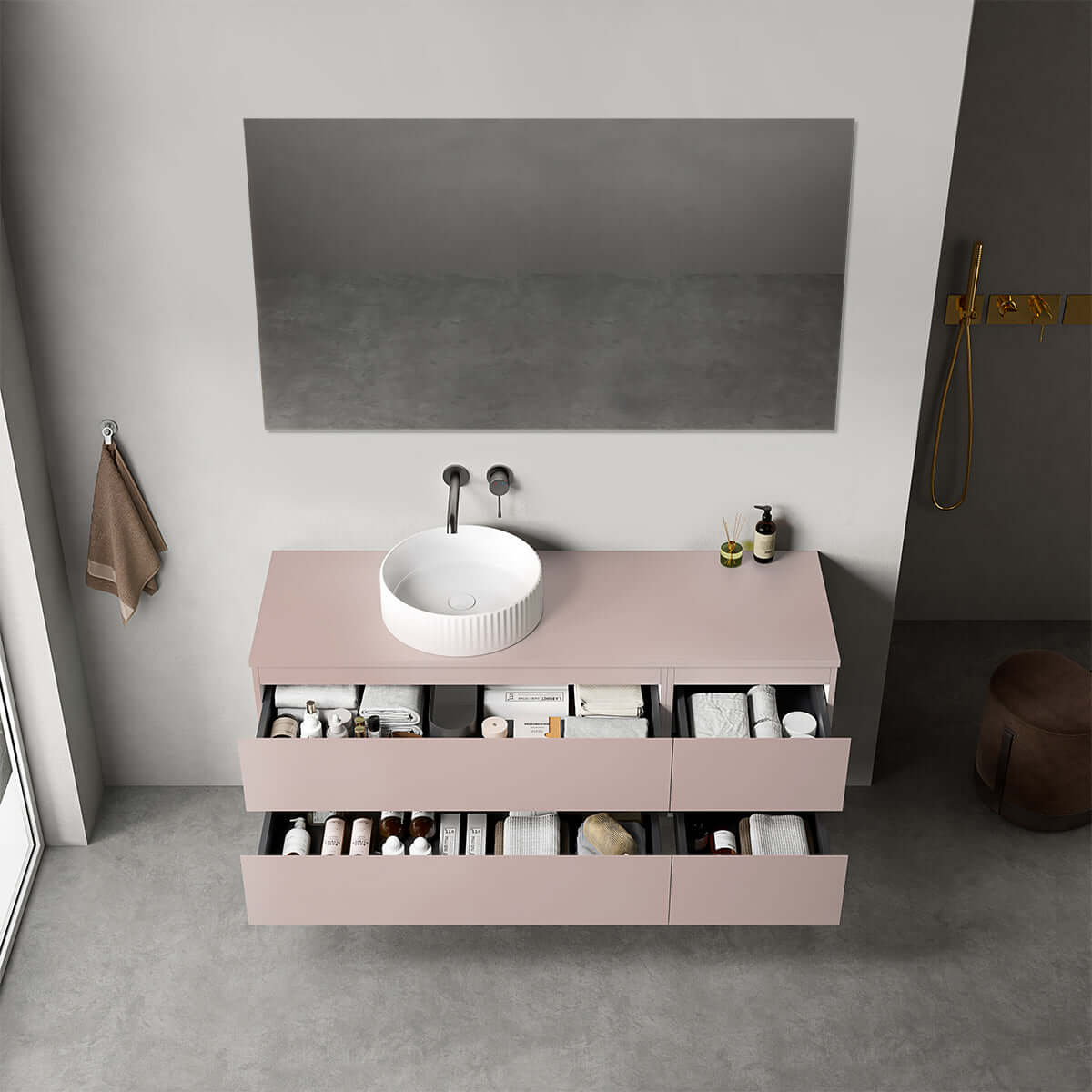 Mobile bagno sospeso reversibile  140 cm Rosa Retrò per Lavabo d'appoggio Specchio Quadro - Fiji Paint