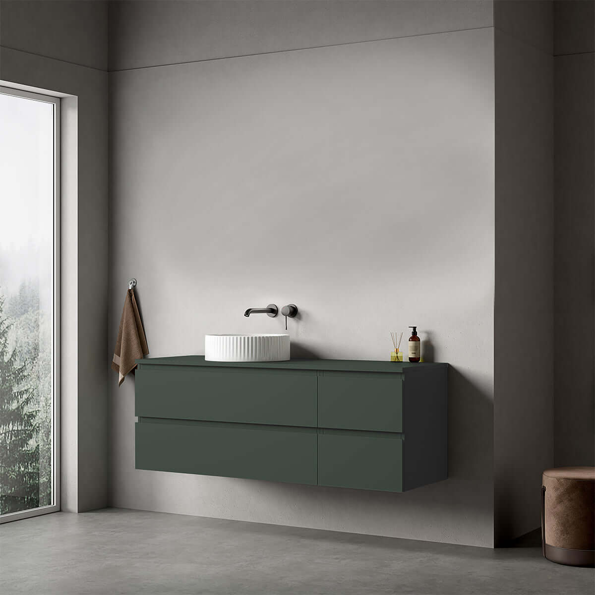 Mobile bagno sospeso reversibile  140 cm Verde Comodoro  per Lavabo d'appoggio Senza Specchio - Fiji Paint