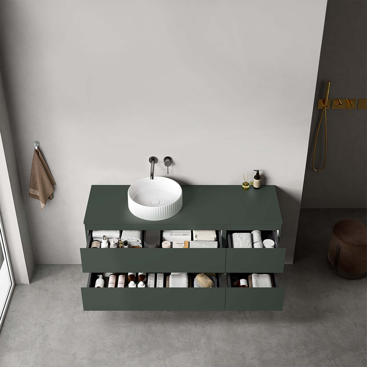 Mobile bagno sospeso reversibile  140 cm Verde Comodoro  per Lavabo d'appoggio Senza Specchio - Fiji Paint