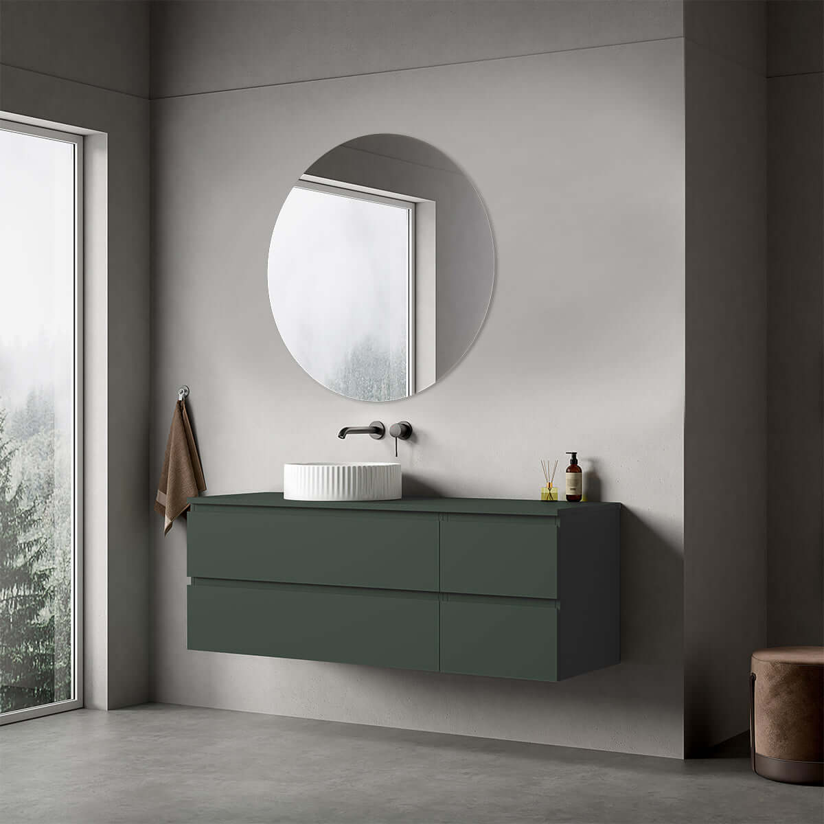 Mobile bagno sospeso reversibile  140 cm Verde Comodoro  per Lavabo d'appoggio Specchio Tondo - Fiji Paint