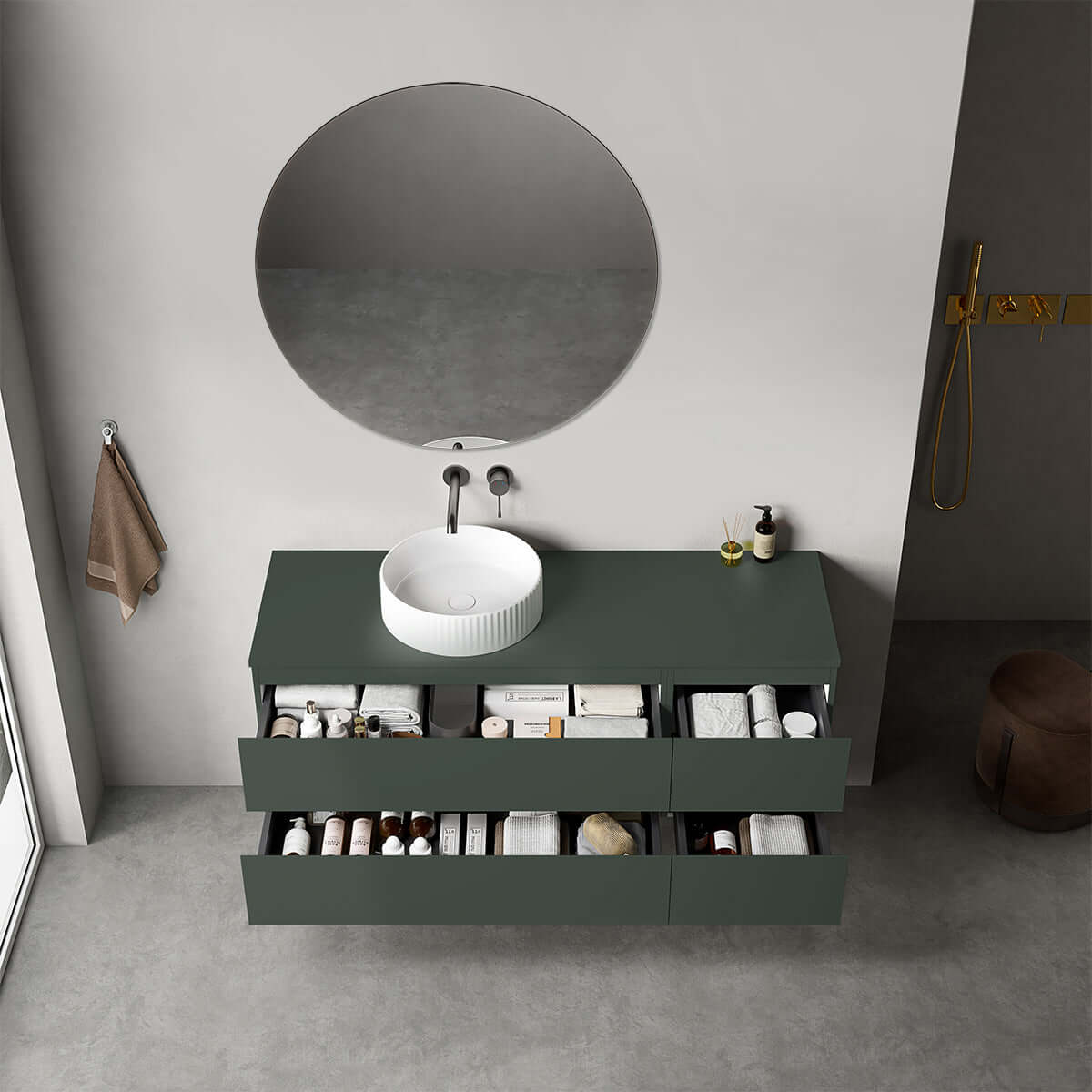 Mobile bagno sospeso reversibile  140 cm Verde Comodoro  per Lavabo d'appoggio Specchio Tondo - Fiji Paint