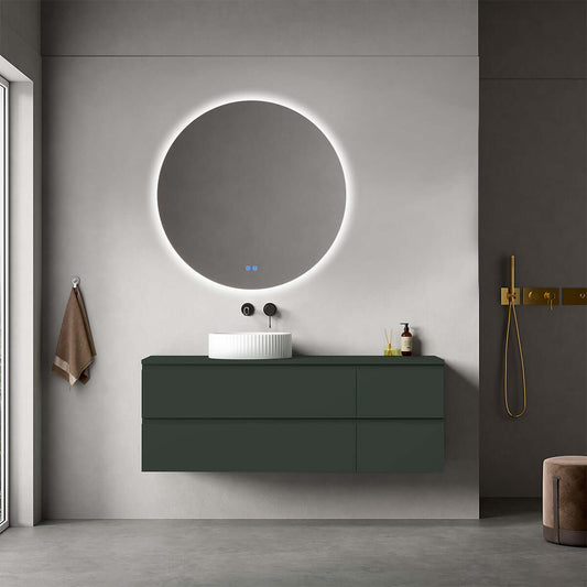Mobile bagno sospeso reversibile  140 cm Verde Comodoro  per Lavabo d'appoggio Specchio Tondo Retroilluminato - Fiji Paint