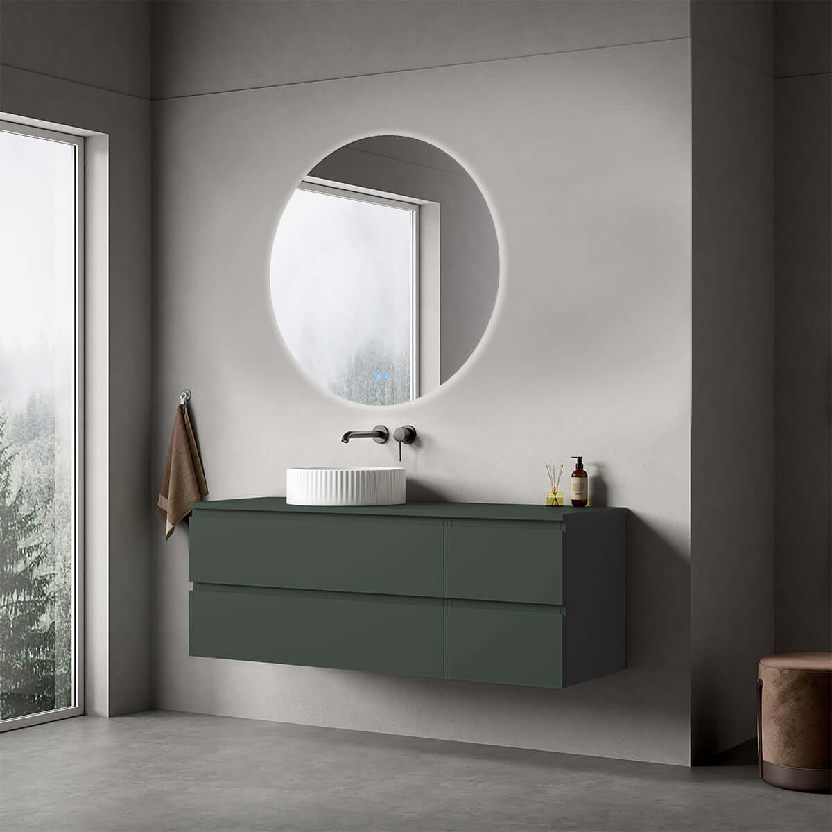 Mobile bagno sospeso reversibile  140 cm Verde Comodoro  per Lavabo d'appoggio Specchio Tondo Retroilluminato - Fiji Paint