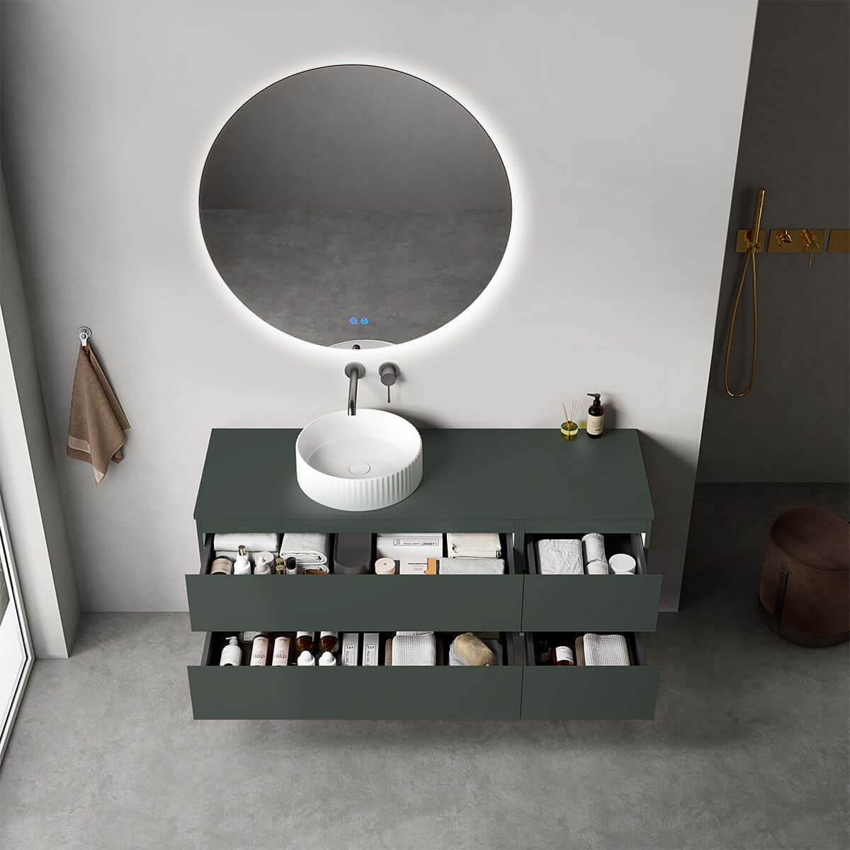 Mobile bagno sospeso reversibile  140 cm Verde Comodoro  per Lavabo d'appoggio Specchio Tondo Retroilluminato - Fiji Paint