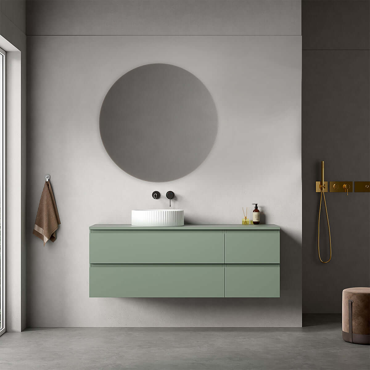Mobile bagno sospeso reversibile  140 cm Verde Salvia per Lavabo d'appoggio Specchio Tondo - Fiji Paint
