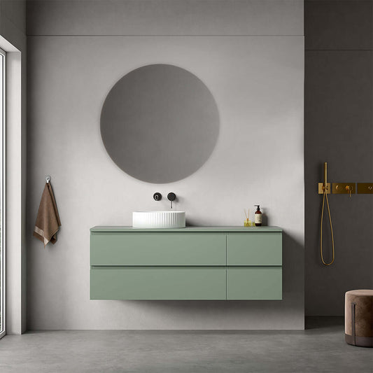Mobile bagno sospeso reversibile  140 cm Verde Salvia per Lavabo d'appoggio Specchio Tondo - Fiji Paint