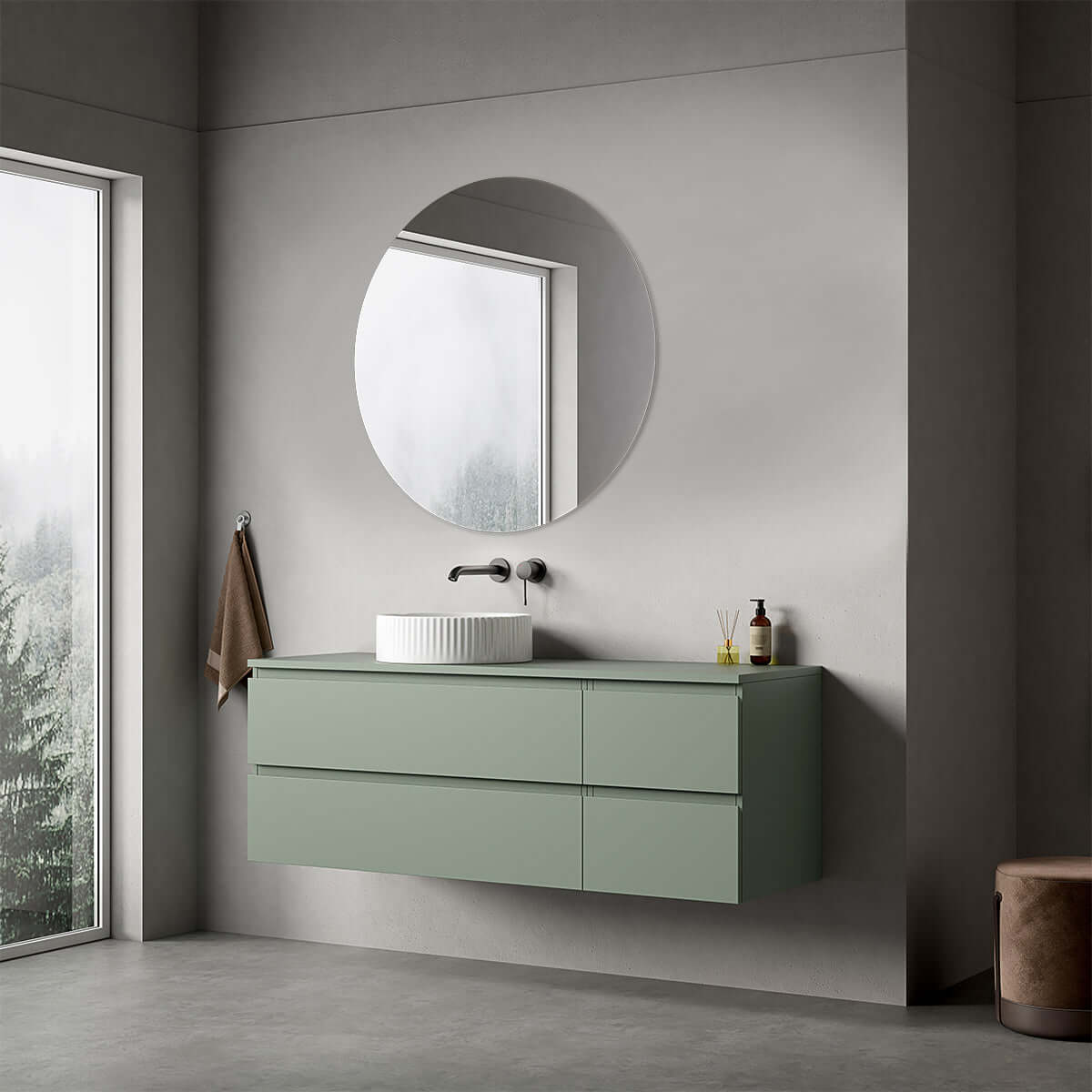 Mobile bagno sospeso reversibile  140 cm Verde Salvia per Lavabo d'appoggio Specchio Tondo - Fiji Paint