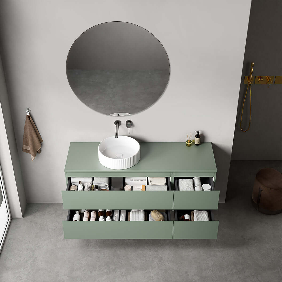 Mobile bagno sospeso reversibile  140 cm Verde Salvia per Lavabo d'appoggio Specchio Tondo - Fiji Paint