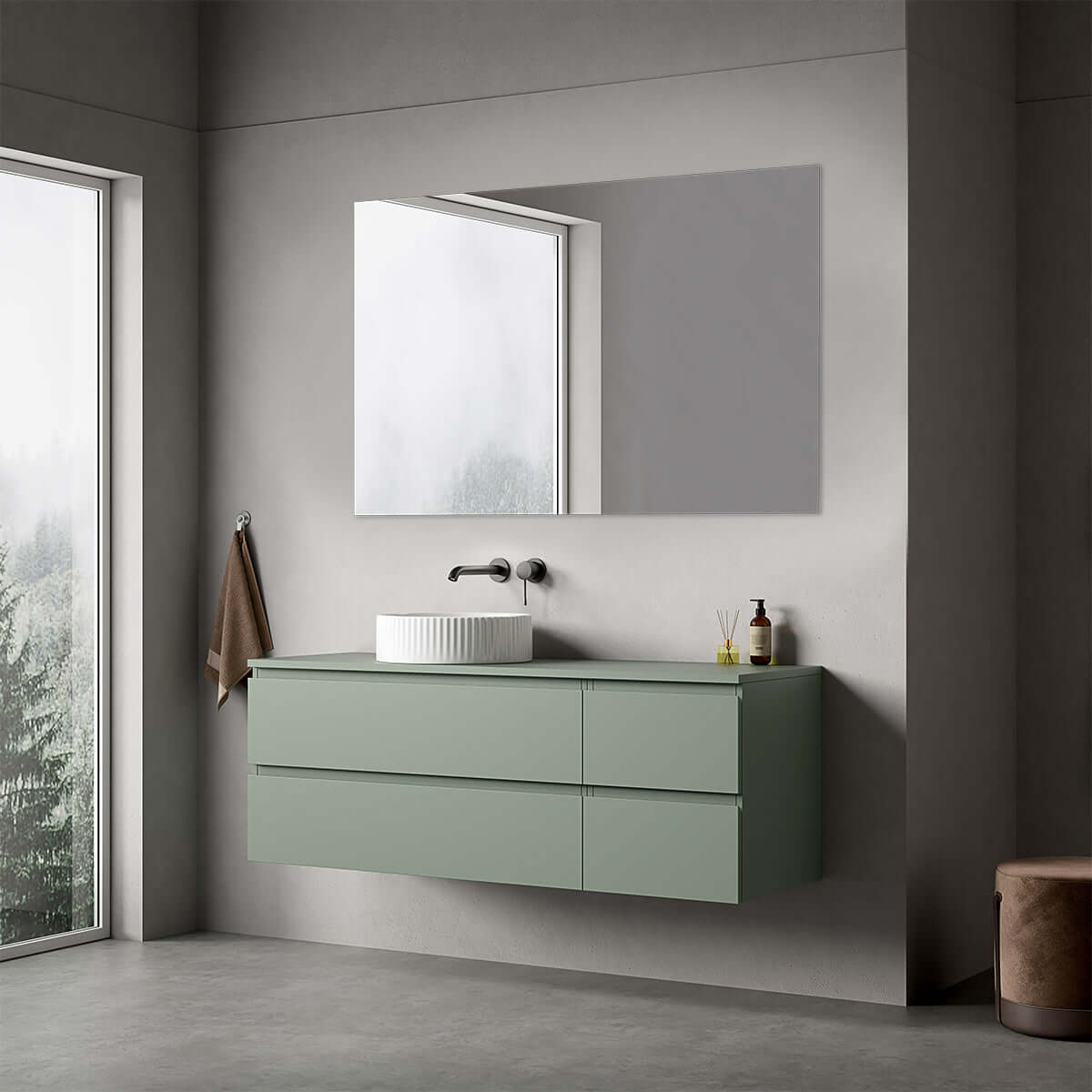 Mobile bagno sospeso reversibile  140 cm Verde Salvia per Lavabo d'appoggio Specchio Quadro - Fiji Paint