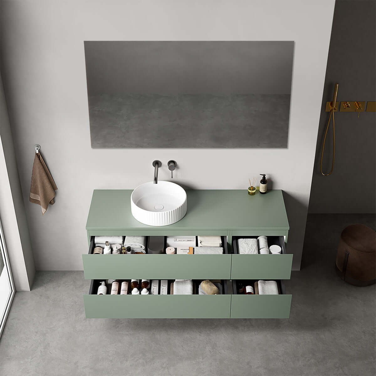 Mobile bagno sospeso reversibile  140 cm Verde Salvia per Lavabo d'appoggio Specchio Quadro - Fiji Paint