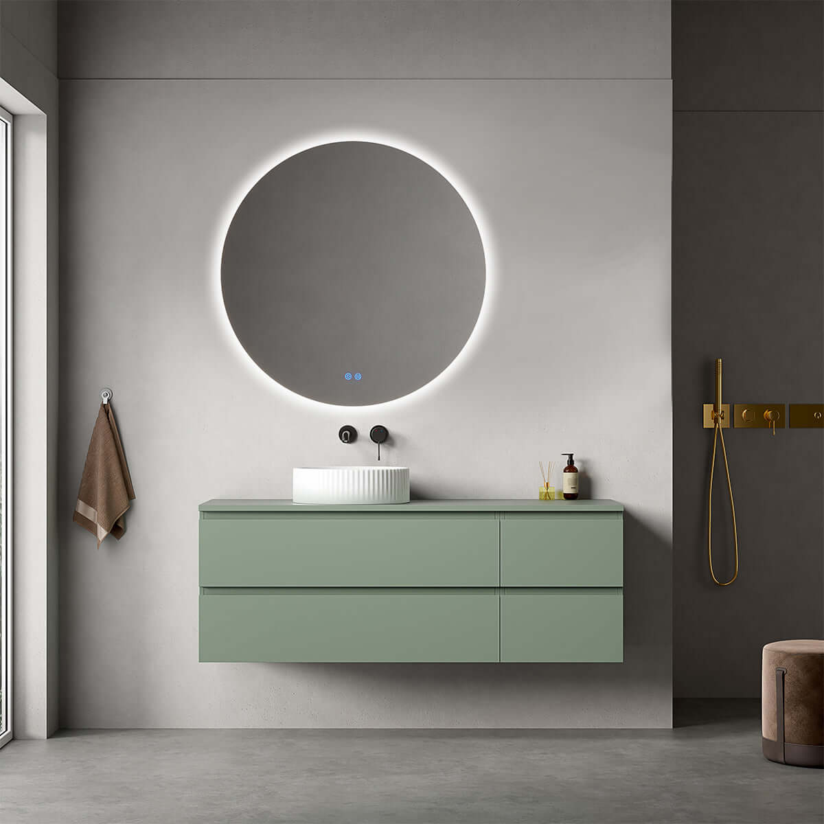 Mobile bagno sospeso reversibile  140 cm Verde Salvia per Lavabo d'appoggio Specchio Tondo Retroilluminato - Fiji Paint