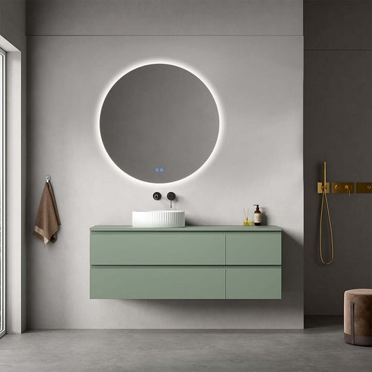 Mobile bagno sospeso reversibile  140 cm Verde Salvia per Lavabo d'appoggio Specchio Tondo Retroilluminato - Fiji Paint