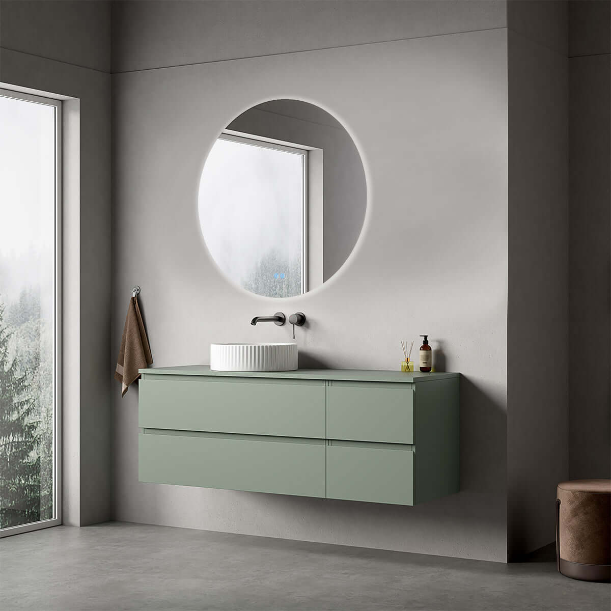 Mobile bagno sospeso reversibile  140 cm Verde Salvia per Lavabo d'appoggio Specchio Tondo Retroilluminato - Fiji Paint