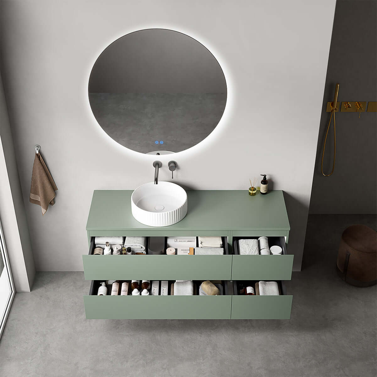Mobile bagno sospeso reversibile  140 cm Verde Salvia per Lavabo d'appoggio Specchio Tondo Retroilluminato - Fiji Paint