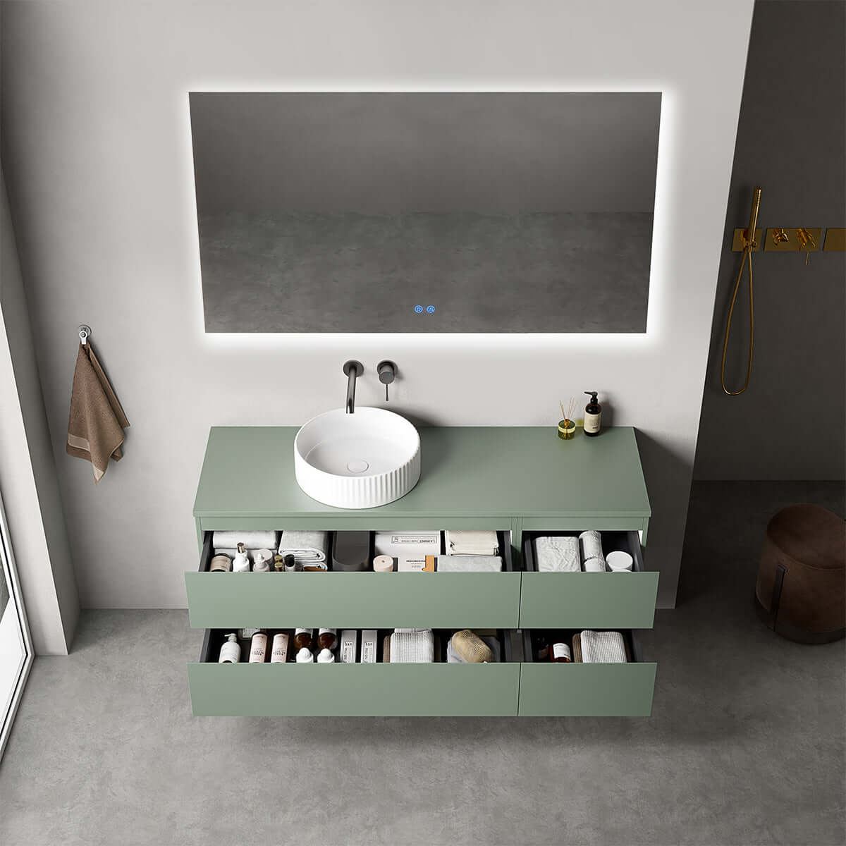 Mobile bagno sospeso reversibile  140 cm Verde Salvia per Lavabo d'appoggio Specchio Quadro Retroilluminato - Fiji Paint