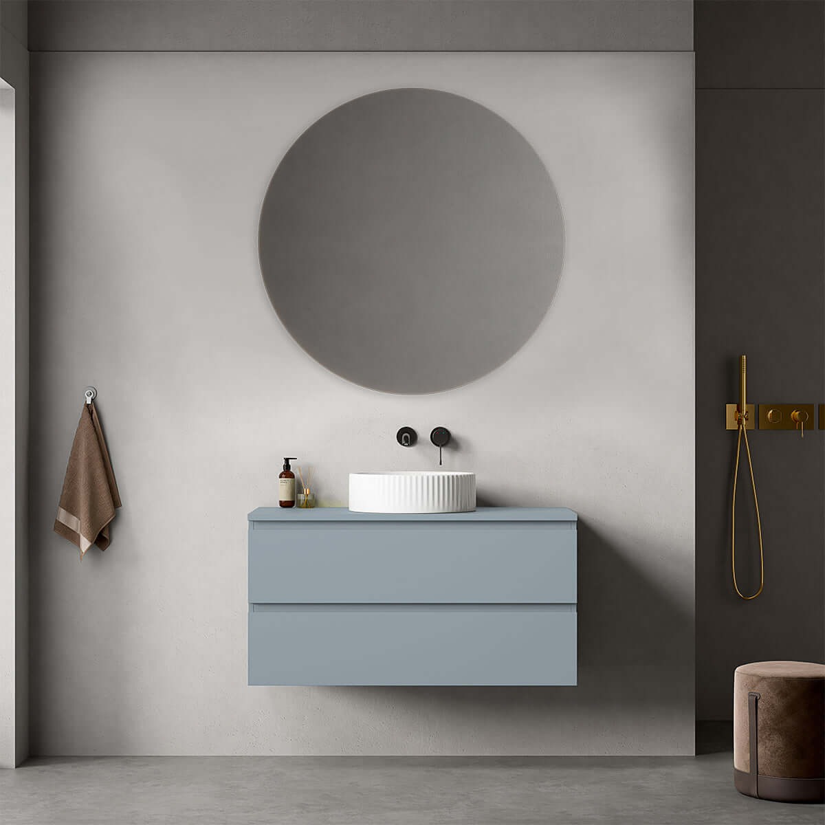 Mobile bagno sospeso 100 cm Blu Avio per Lavabo d'appoggio Specchio Tondo - Fiji Paint