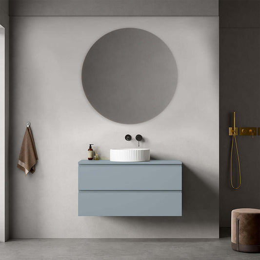 Mobile bagno sospeso 100 cm Blu Avio per Lavabo d'appoggio Specchio Tondo - Fiji Paint