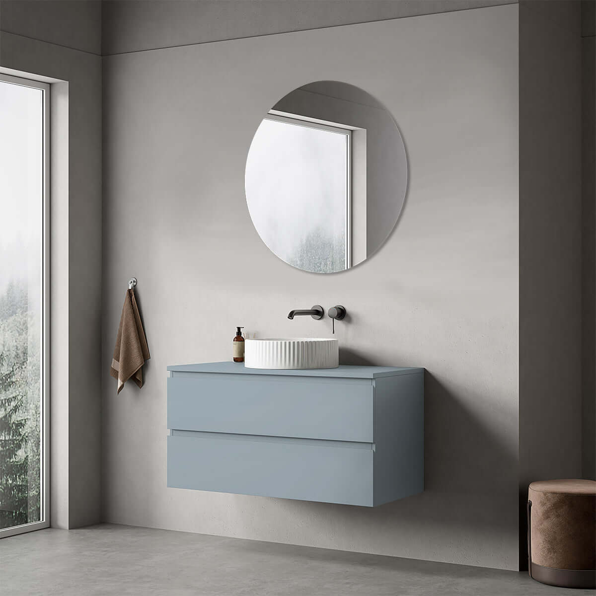 Mobile bagno sospeso 100 cm Blu Avio per Lavabo d'appoggio Specchio Tondo - Fiji Paint