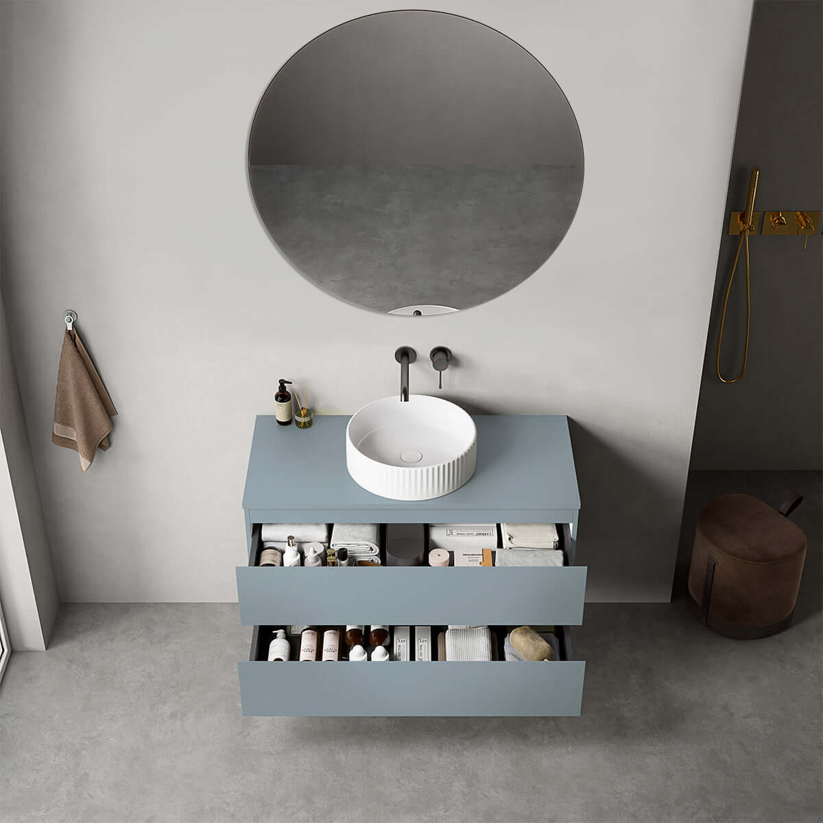 Mobile bagno sospeso 100 cm Blu Avio per Lavabo d'appoggio Specchio Tondo - Fiji Paint