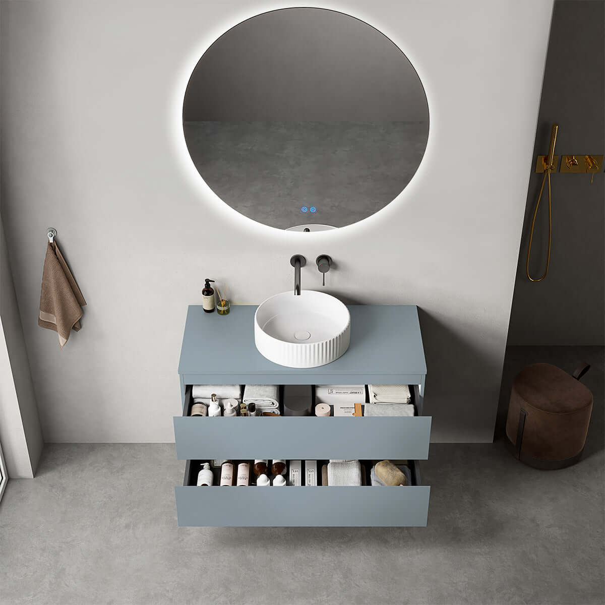 Mobile bagno sospeso 100 cm Blu Avio per Lavabo d'appoggio Specchio Tondo Retroilluminato - Fiji Paint