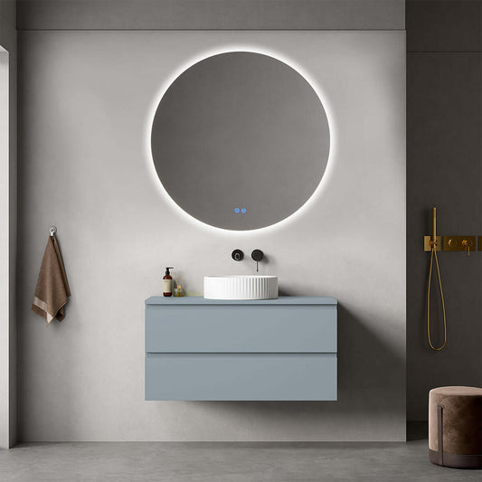Mobile bagno sospeso 100 cm Blu Avio per Lavabo d'appoggio Specchio Tondo Retroilluminato - Fiji Paint