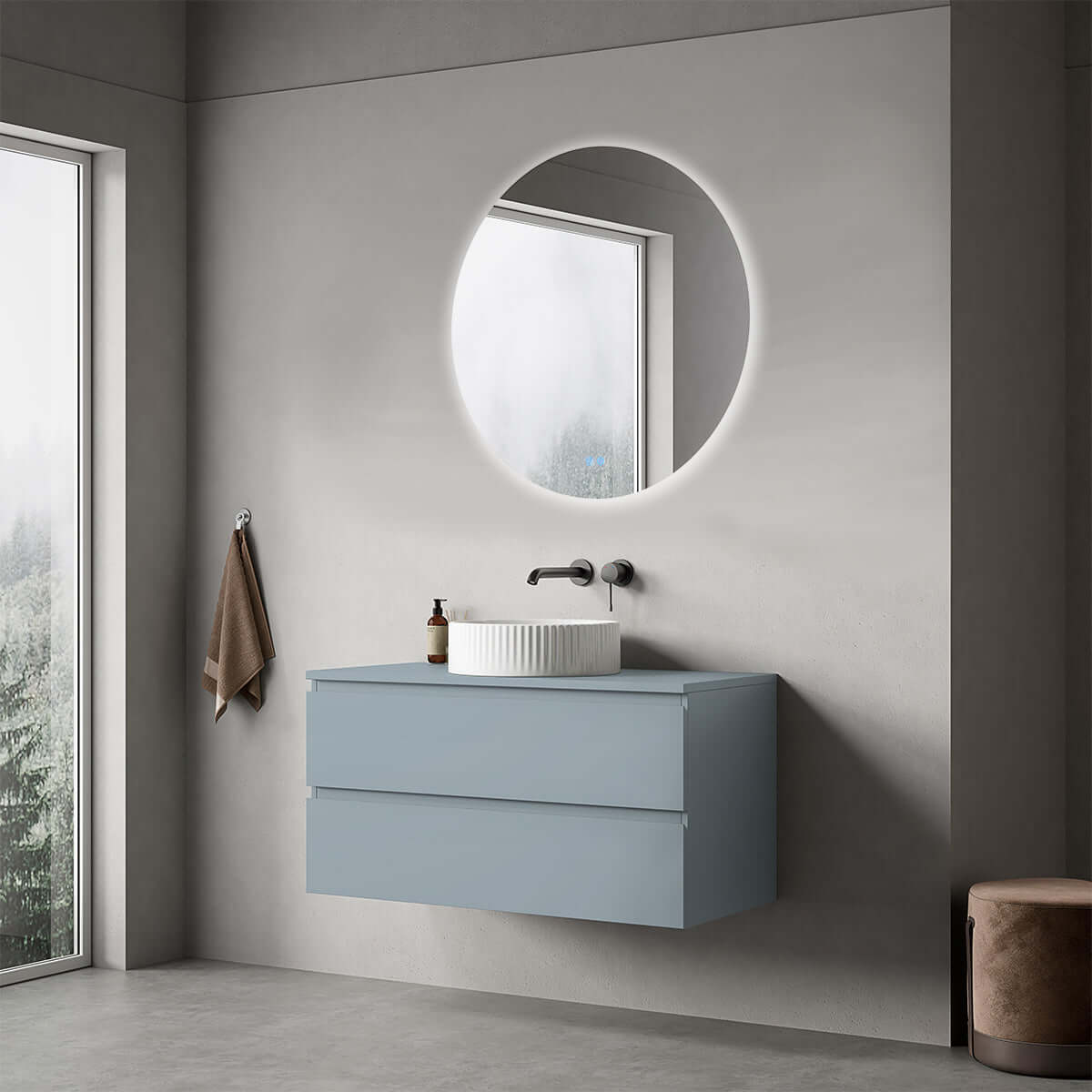 Mobile bagno sospeso 100 cm Blu Avio per Lavabo d'appoggio Specchio Tondo Retroilluminato - Fiji Paint