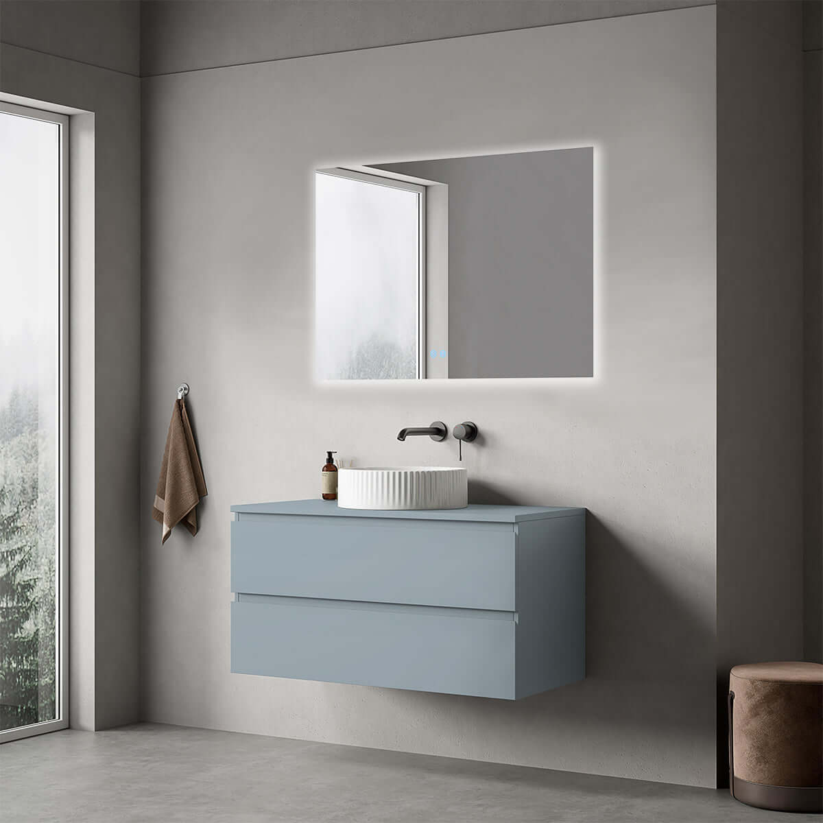 Mobile bagno sospeso 100 cm Blu Avio per Lavabo d'appoggio Specchio Quadro Retroilluminato - Fiji Paint