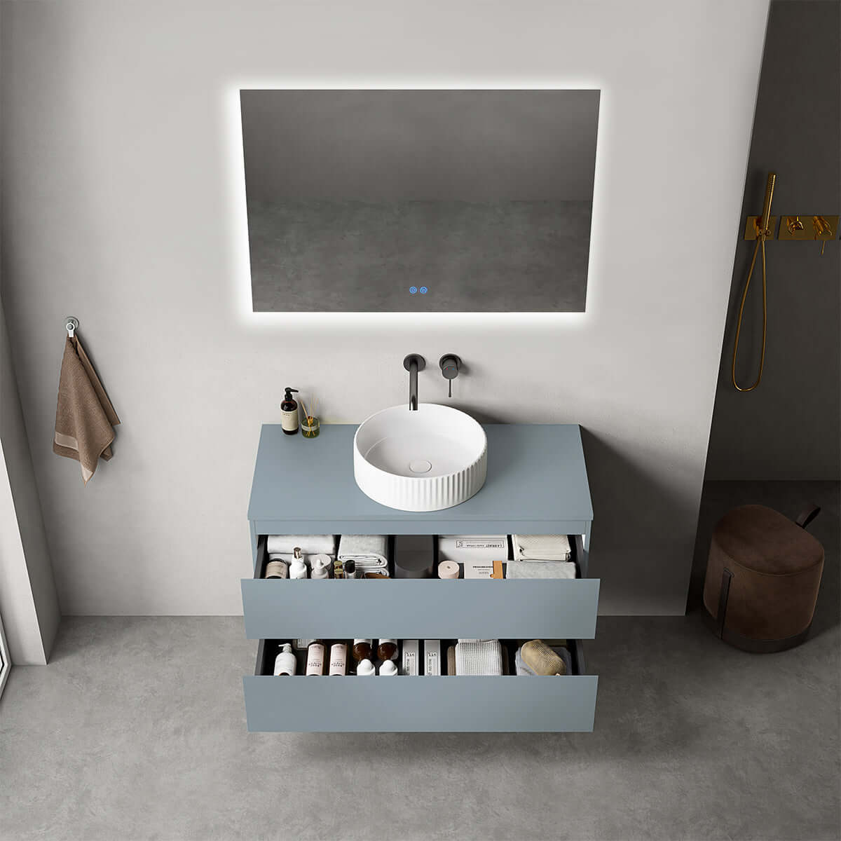 Mobile bagno sospeso 100 cm Blu Avio per Lavabo d'appoggio Specchio Quadro Retroilluminato - Fiji Paint