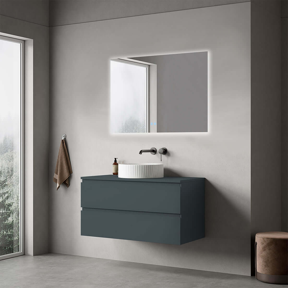 Mobile bagno sospeso 100 cm Blu Mare per Lavabo d'appoggio Specchio Quadro Retroilluminato - Fiji Paint