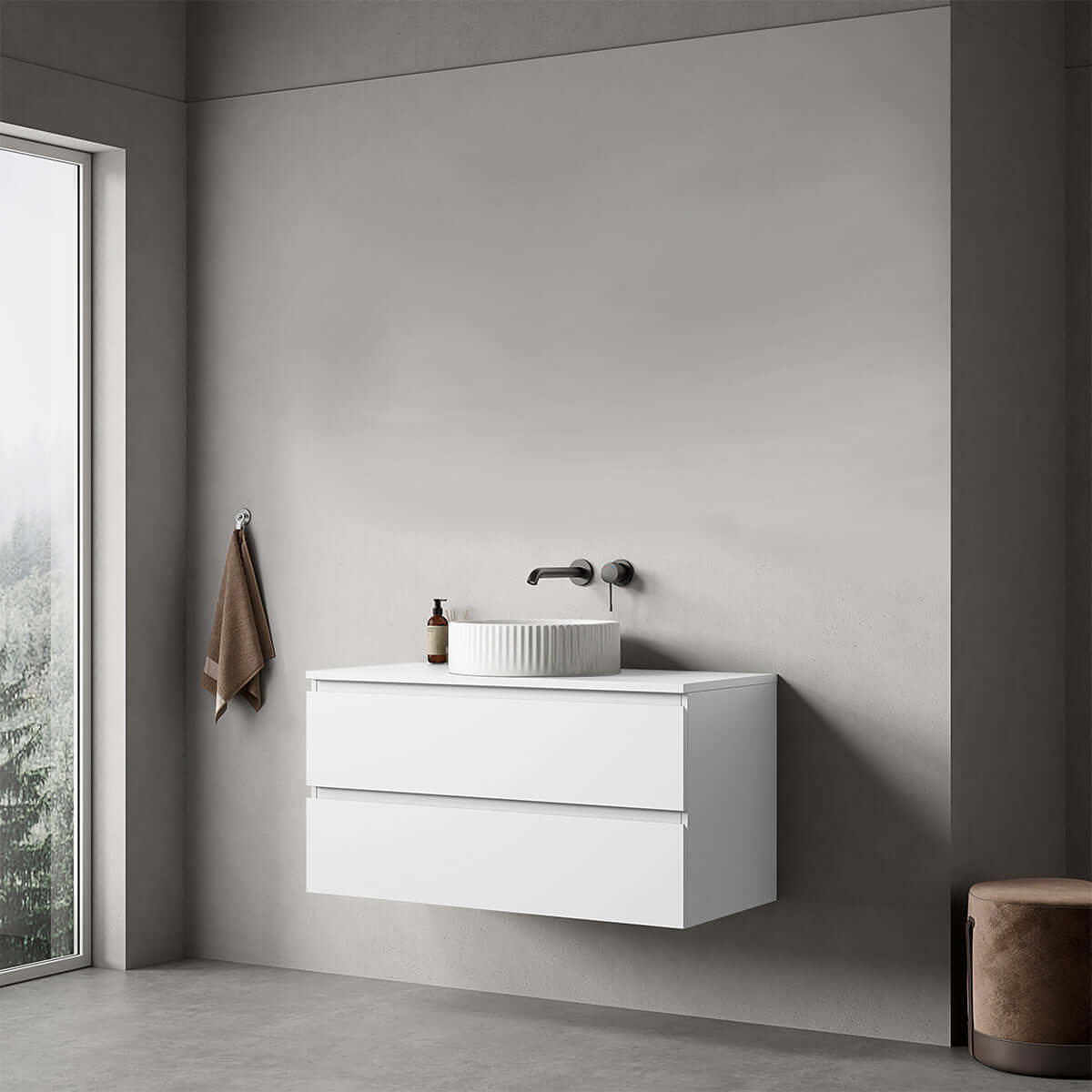 Mobile bagno sospeso Bianco Opaco 100 cm con lavabo, design moderno e funzionale per il bagno.