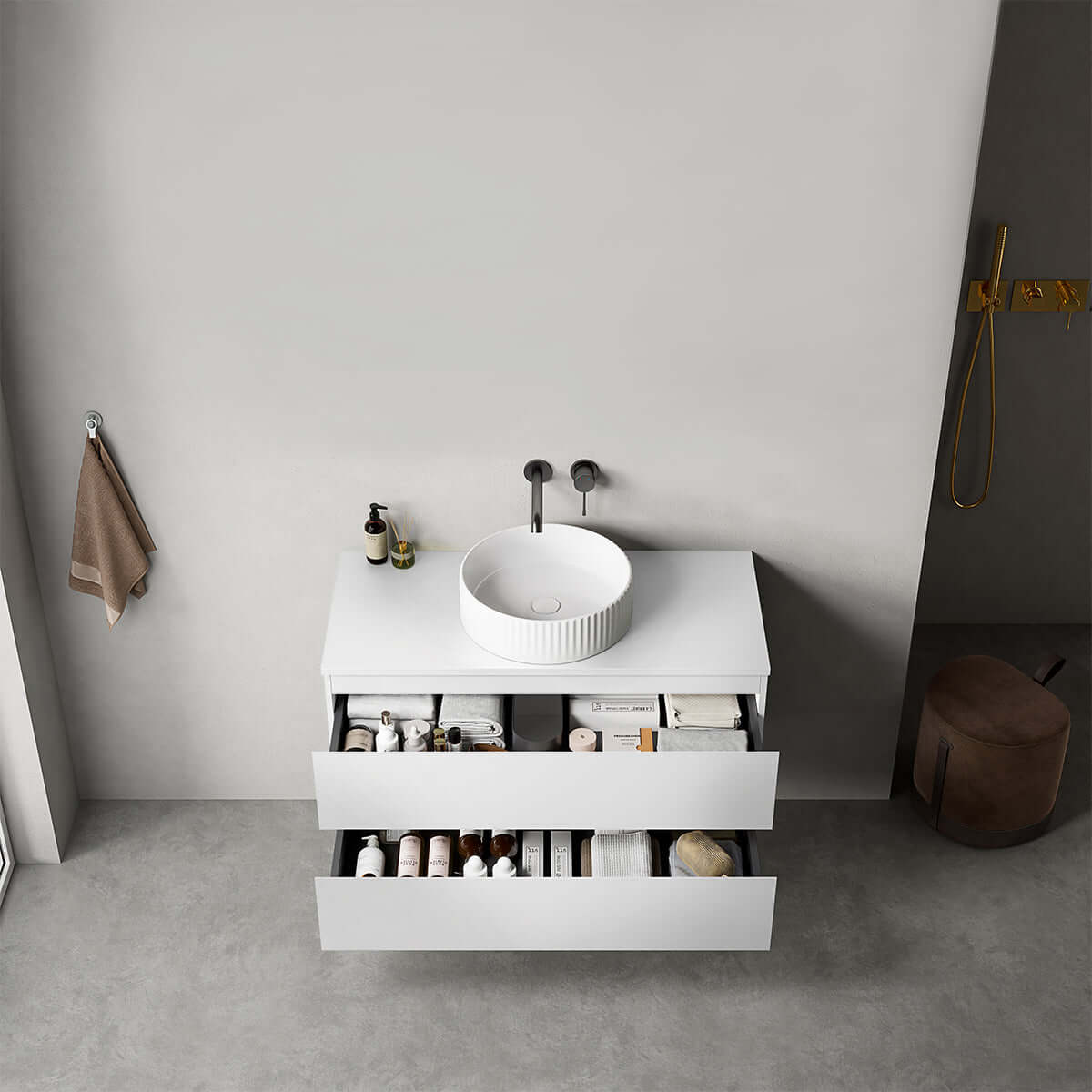 Mobile bagno sospeso 100 cm Bianco Opaco con lavabo, design contemporaneo e vani contenitori funzionali.