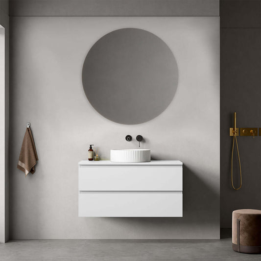 Mobile bagno sospeso 100 cm Bianco Opaco  per Lavabo d'appoggio Specchio Tondo - Fiji Paint