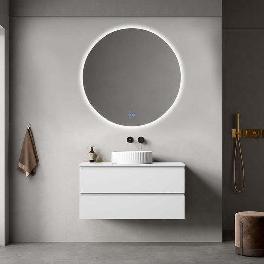 Mobile bagno sospeso 100 cm Bianco Opaco  per Lavabo d'appoggio Specchio Tondo Retroilluminato - Fiji Paint