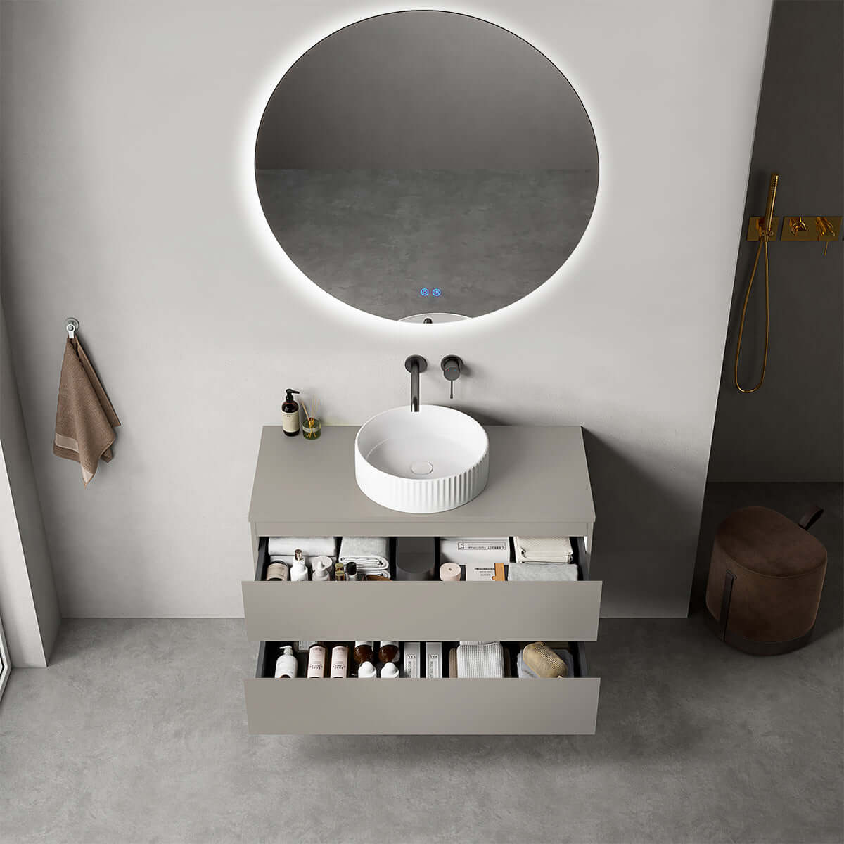 Mobile bagno sospeso 100 cm Grigio Cenere per Lavabo d'appoggio Specchio Tondo Retroilluminato - Fiji Paint