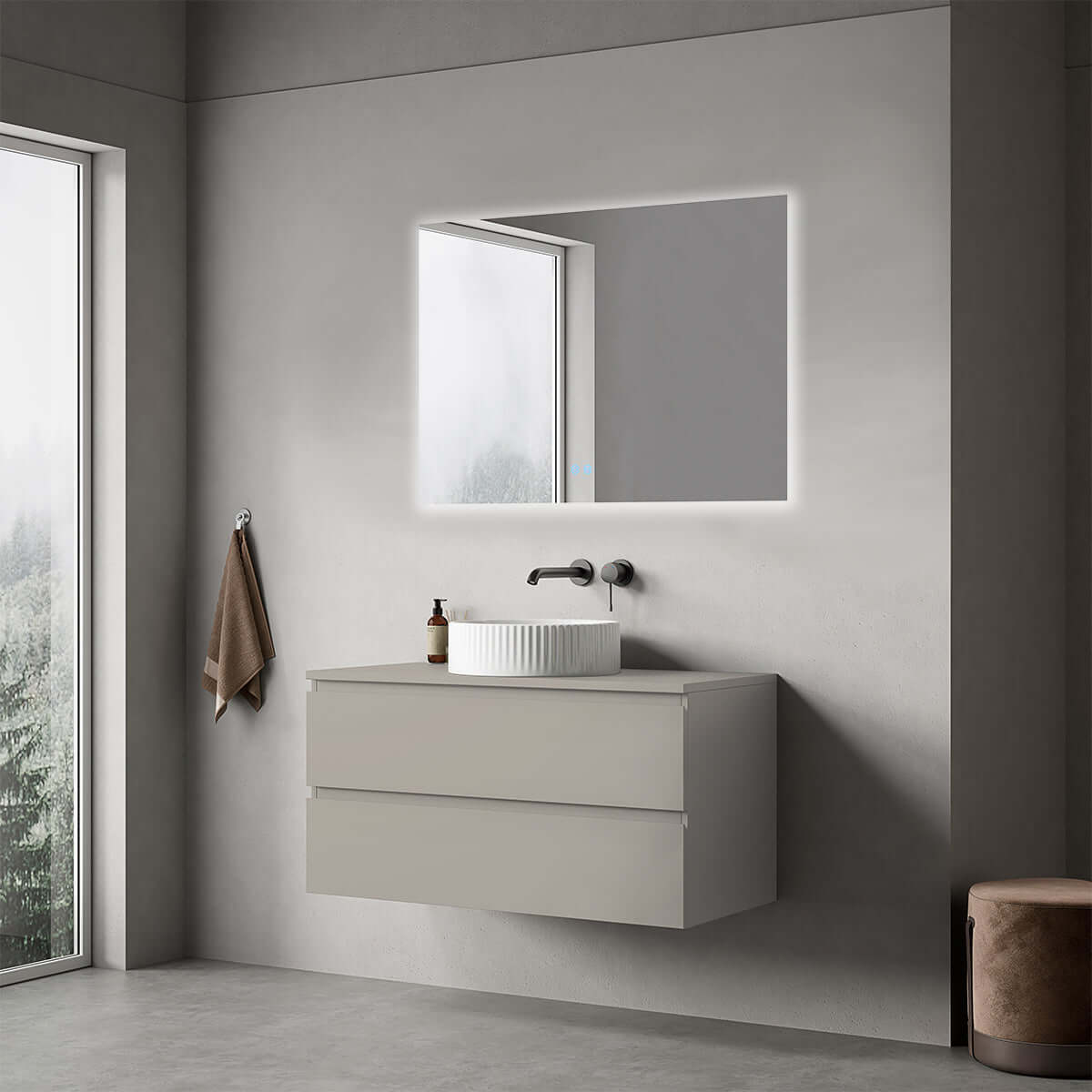 Mobile bagno sospeso 100 cm Grigio Cenere per Lavabo d'appoggio Specchio Quadro Retroilluminato - Fiji Paint