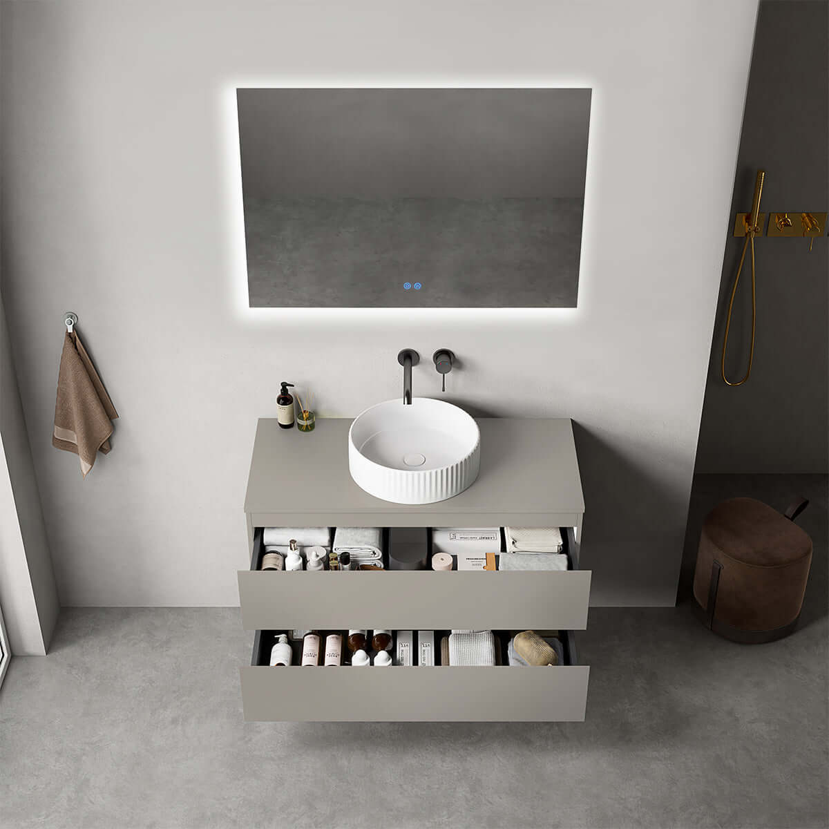 Mobile bagno sospeso 100 cm Grigio Cenere per Lavabo d'appoggio Specchio Quadro Retroilluminato - Fiji Paint