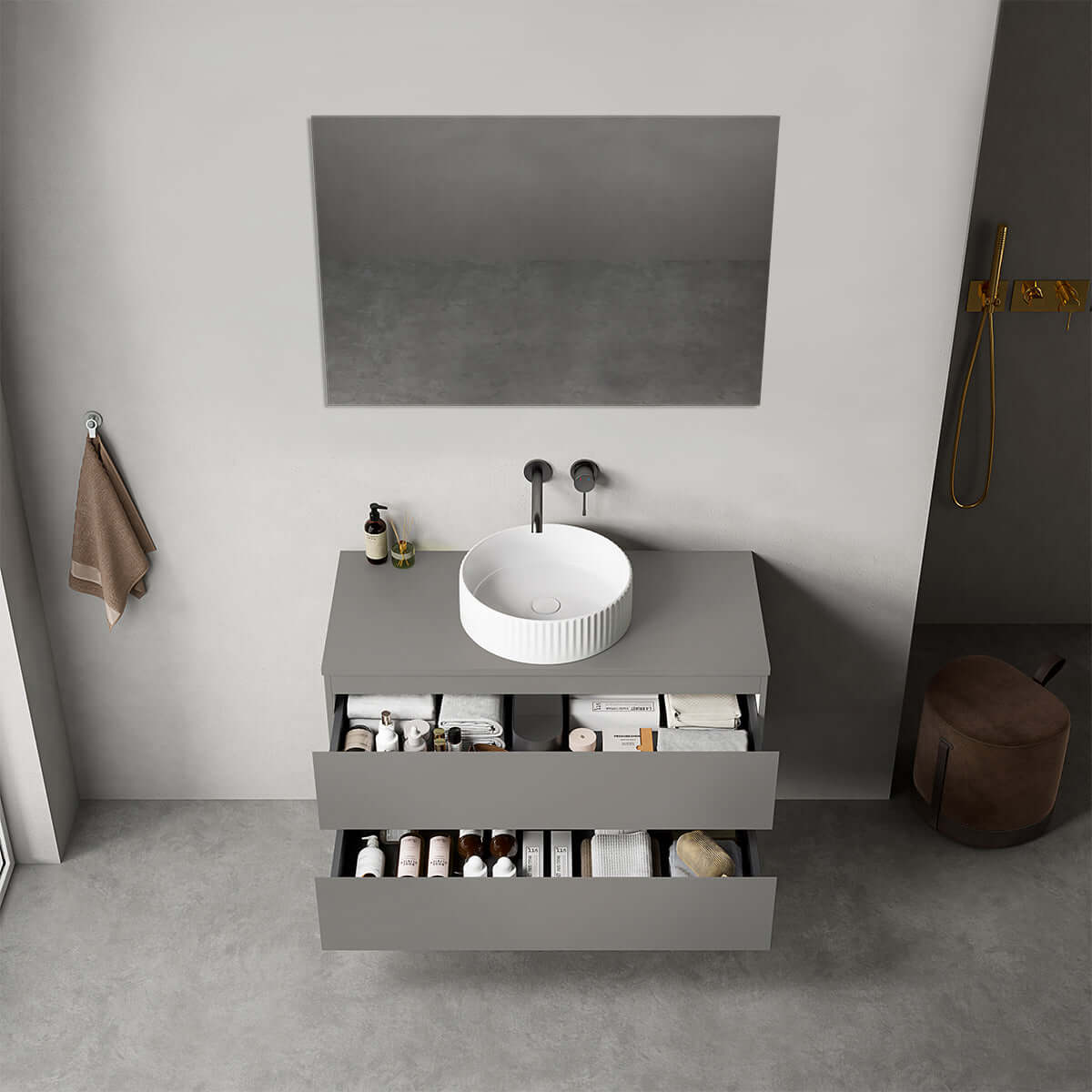 Mobile bagno sospeso 100 cm Grigio Londra per Lavabo d'appoggio Specchio Quadro - Fiji Paint