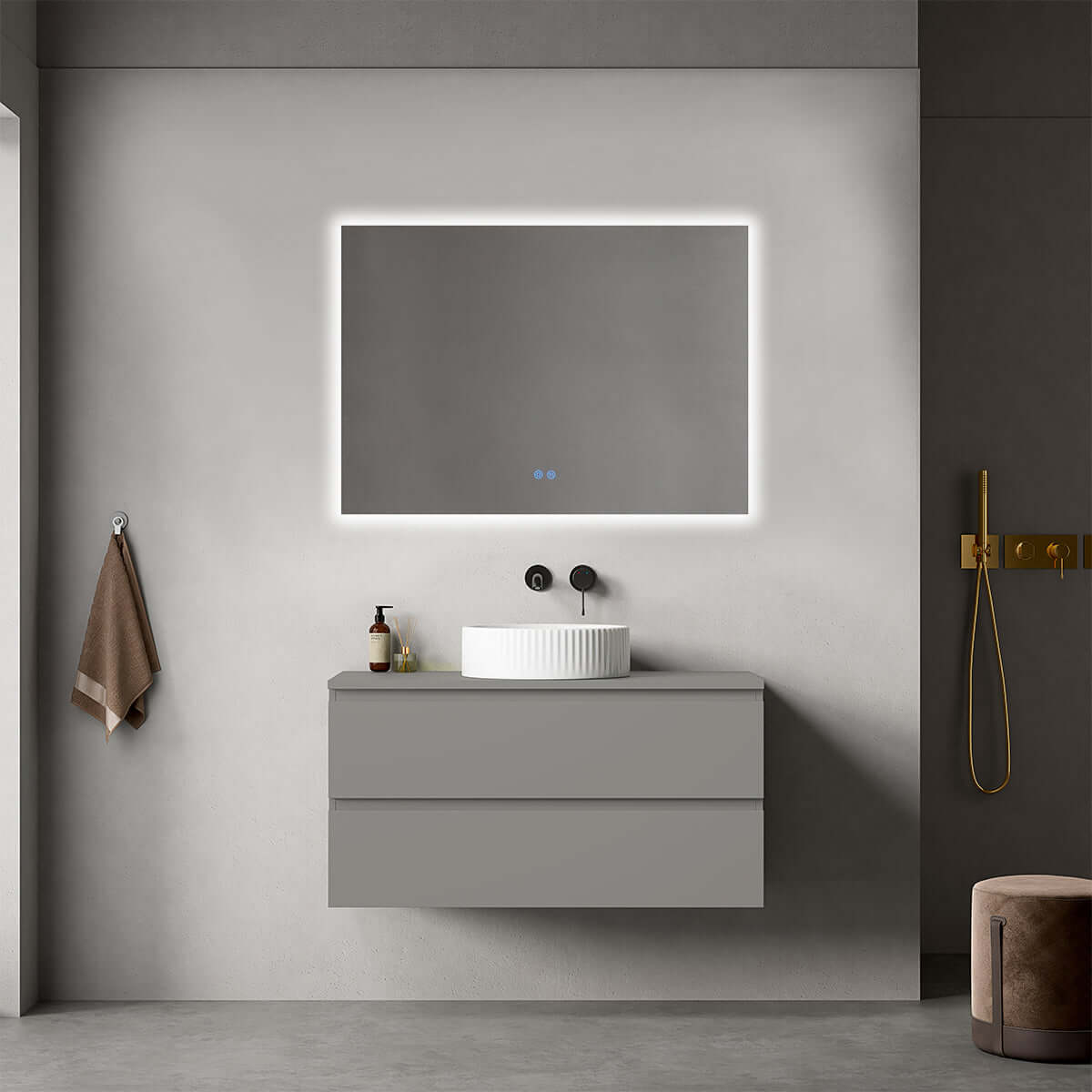 Mobile bagno sospeso 100 cm Grigio Londra per Lavabo d'appoggio Specchio Quadro Retroilluminato - Fiji Paint