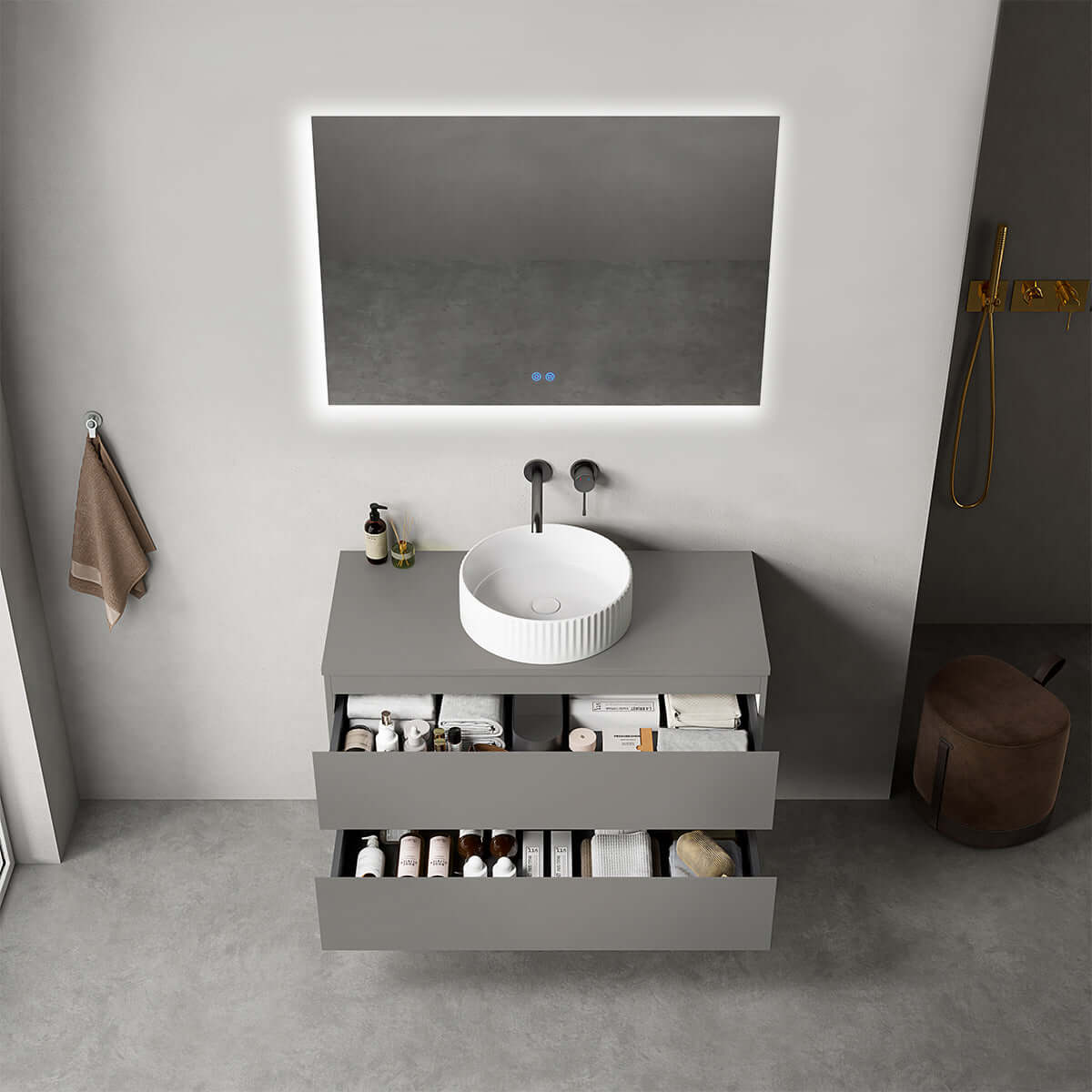 Mobile bagno sospeso 100 cm Grigio Londra per Lavabo d'appoggio Specchio Quadro Retroilluminato - Fiji Paint