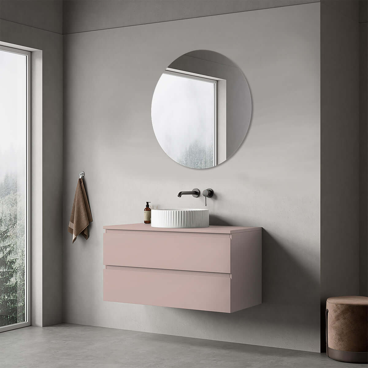 Mobile bagno sospeso 100 cm Rosa Retrò per Lavabo d'appoggio Specchio Tondo - Fiji Paint