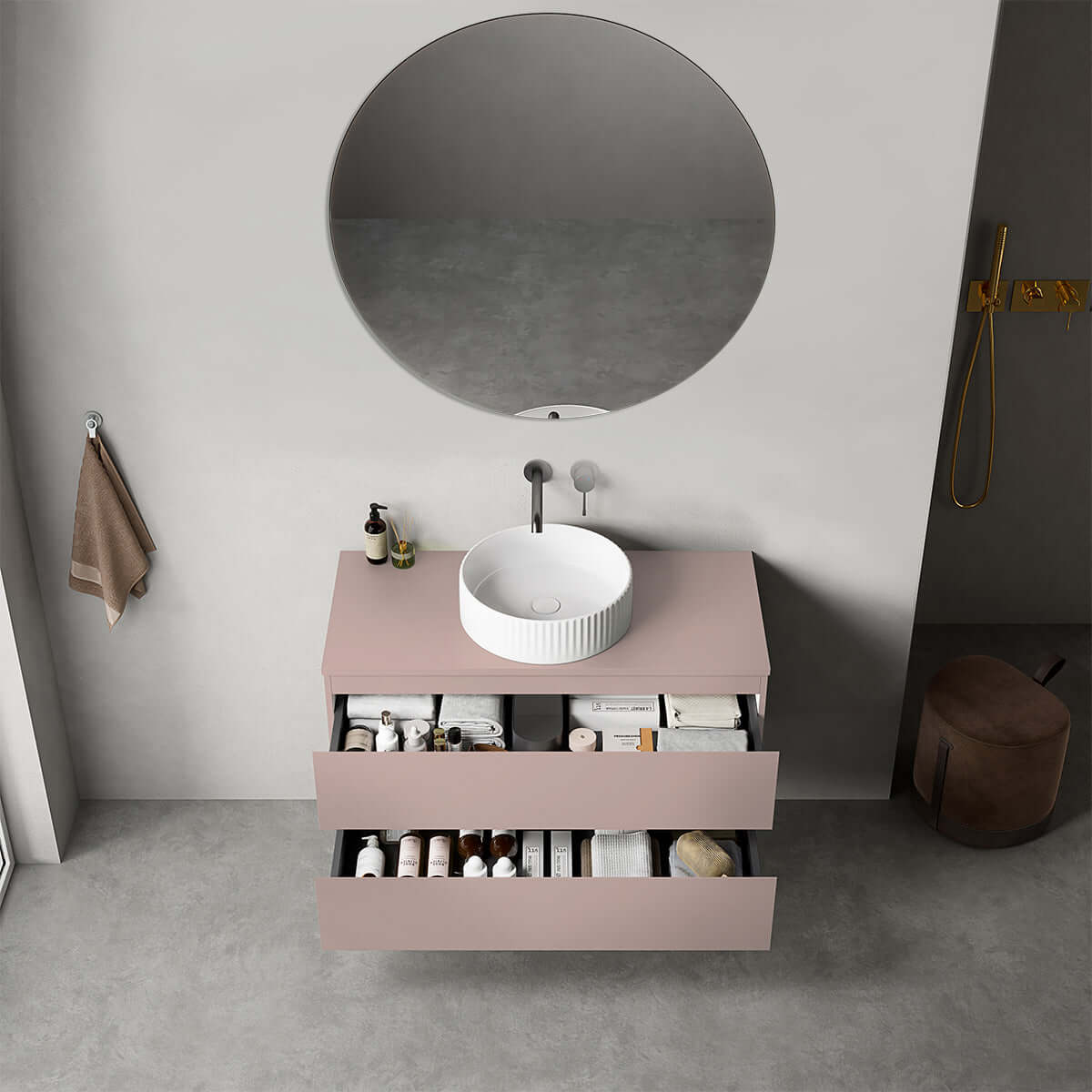 Mobile bagno sospeso 100 cm Rosa Retrò per Lavabo d'appoggio Specchio Tondo - Fiji Paint