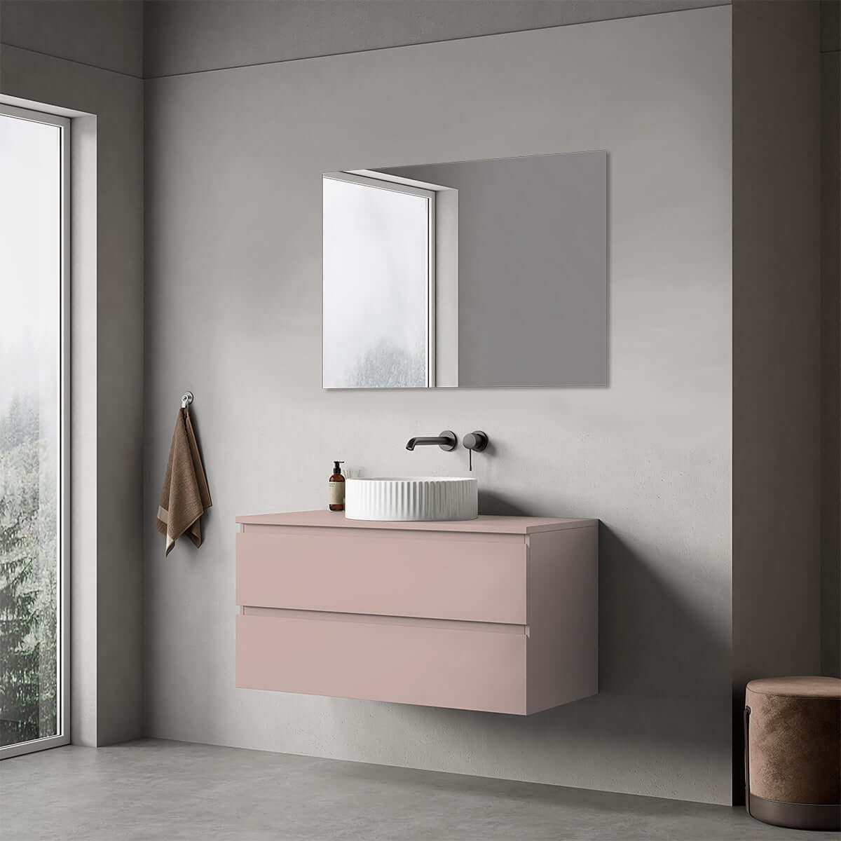 Mobile bagno sospeso 100 cm Rosa Retrò per Lavabo d'appoggio Specchio Quadro - Fiji Paint
