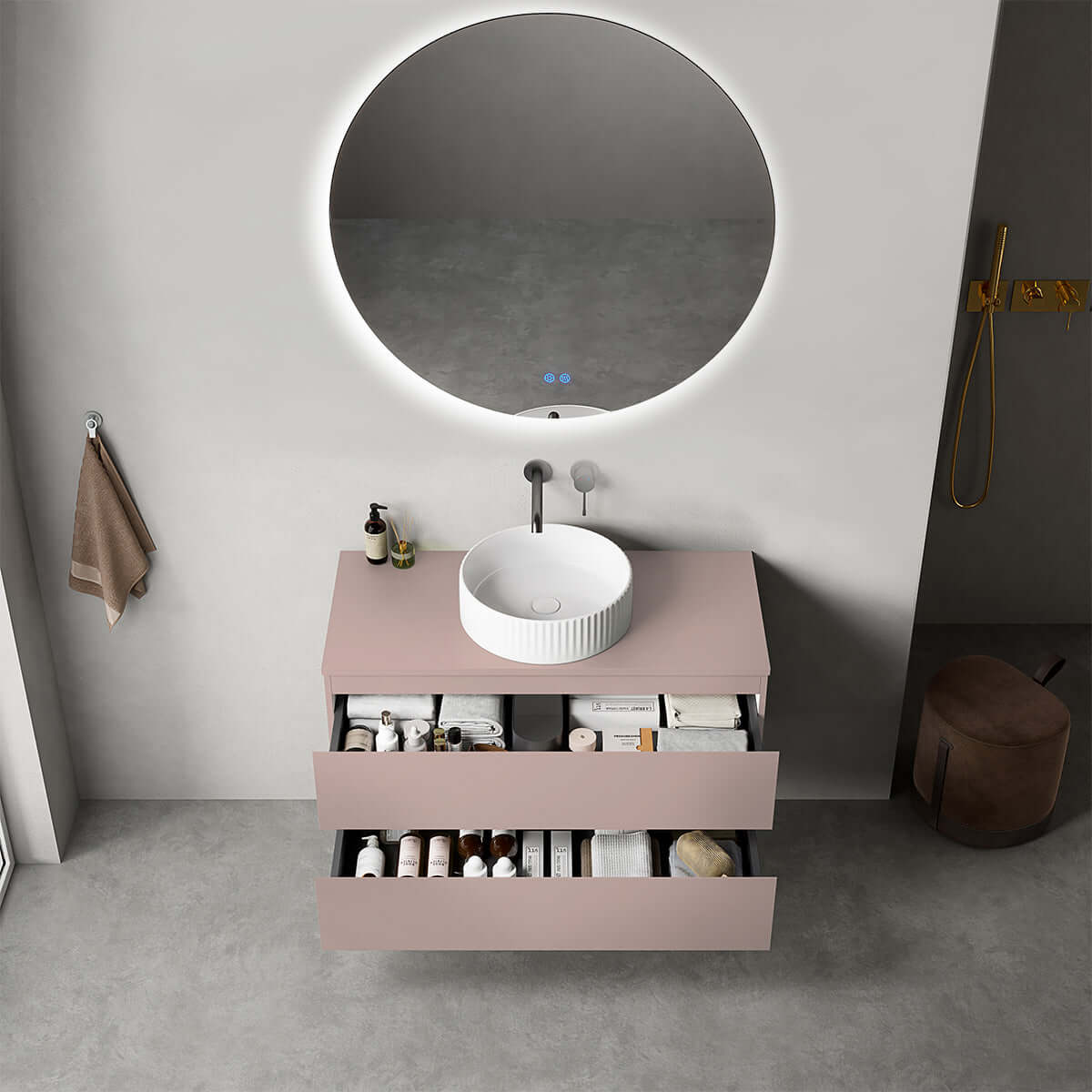 Mobile bagno sospeso 100 cm Rosa Retrò per Lavabo d'appoggio Specchio Tondo Retroilluminato - Fiji Paint