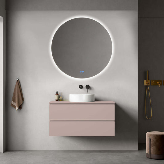 Mobile bagno sospeso 100 cm Rosa Retrò per Lavabo d'appoggio Specchio Tondo Retroilluminato - Fiji Paint