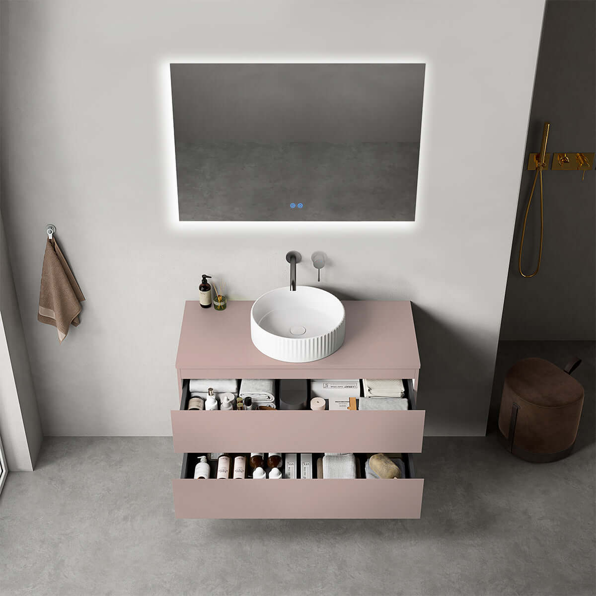 Mobile bagno sospeso 100 cm Rosa Retrò per Lavabo d'appoggio Specchio Quadro Retroilluminato - Fiji Paint