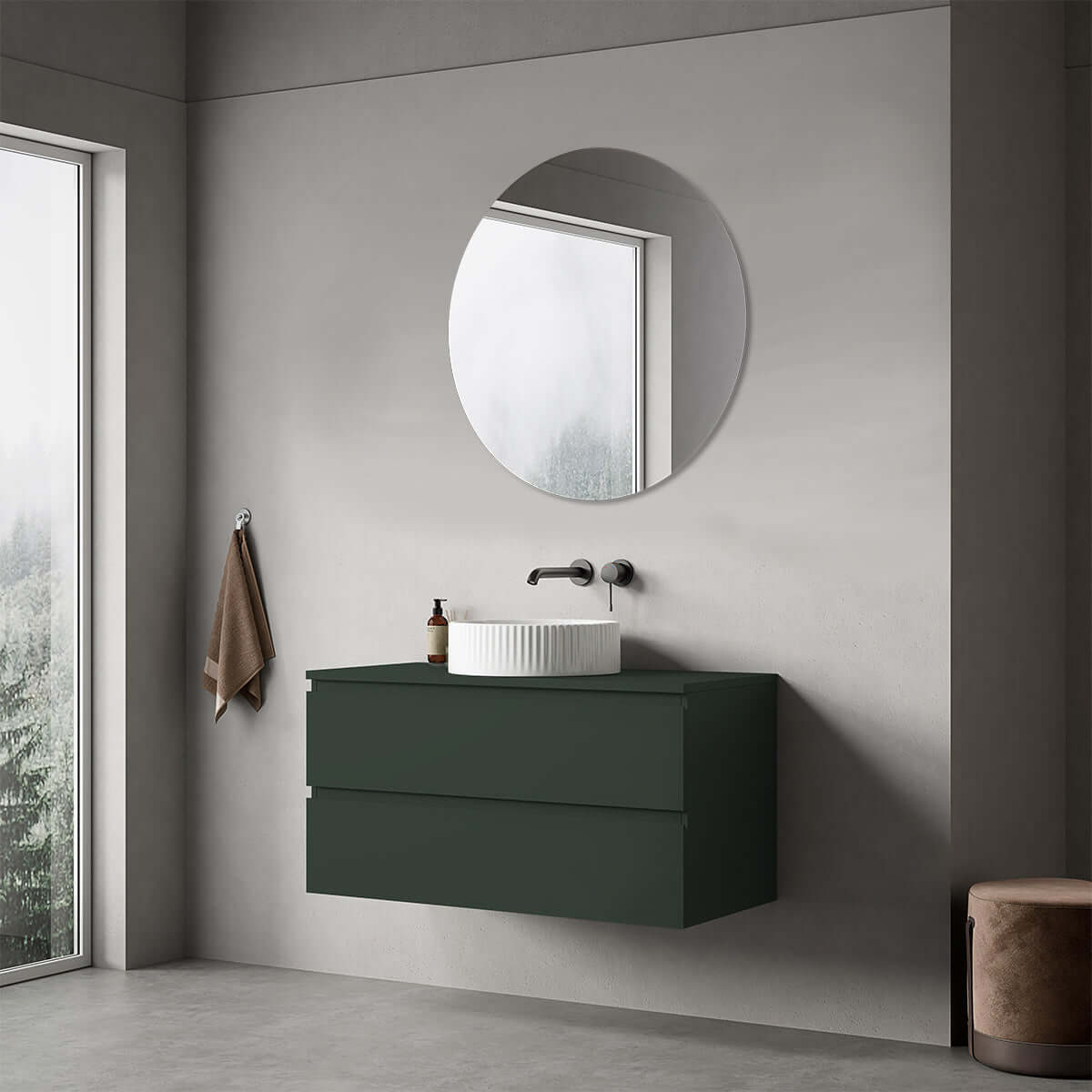 Mobile bagno sospeso 100 cm Verde Comodoro per Lavabo d'appoggio Specchio Tondo - Fiji Paint