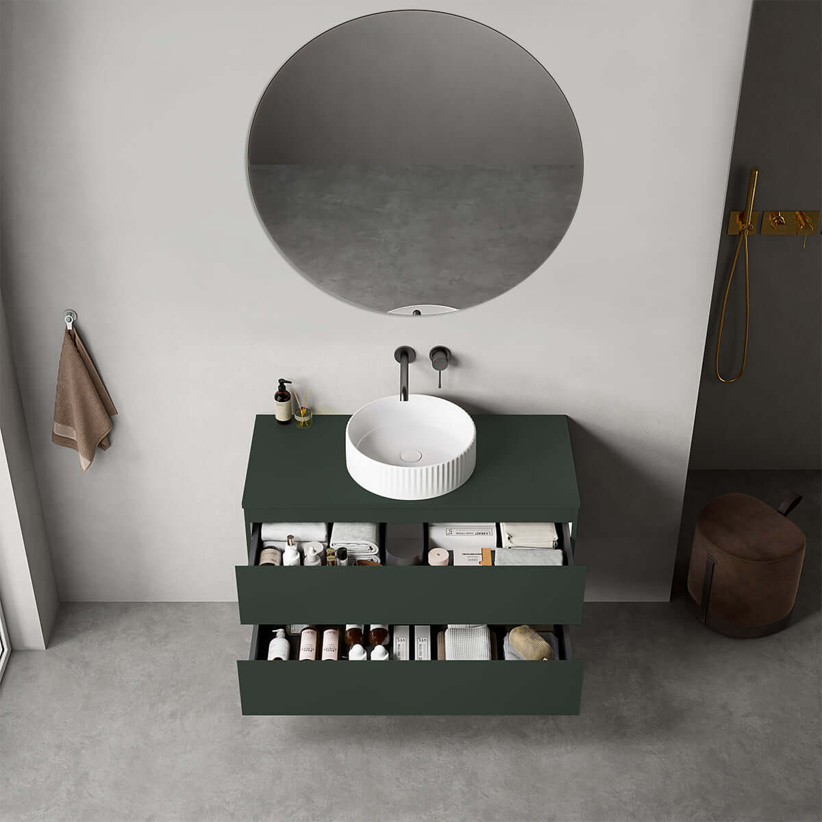 Mobile bagno sospeso 100 cm Verde Comodoro per Lavabo d'appoggio Specchio Tondo - Fiji Paint