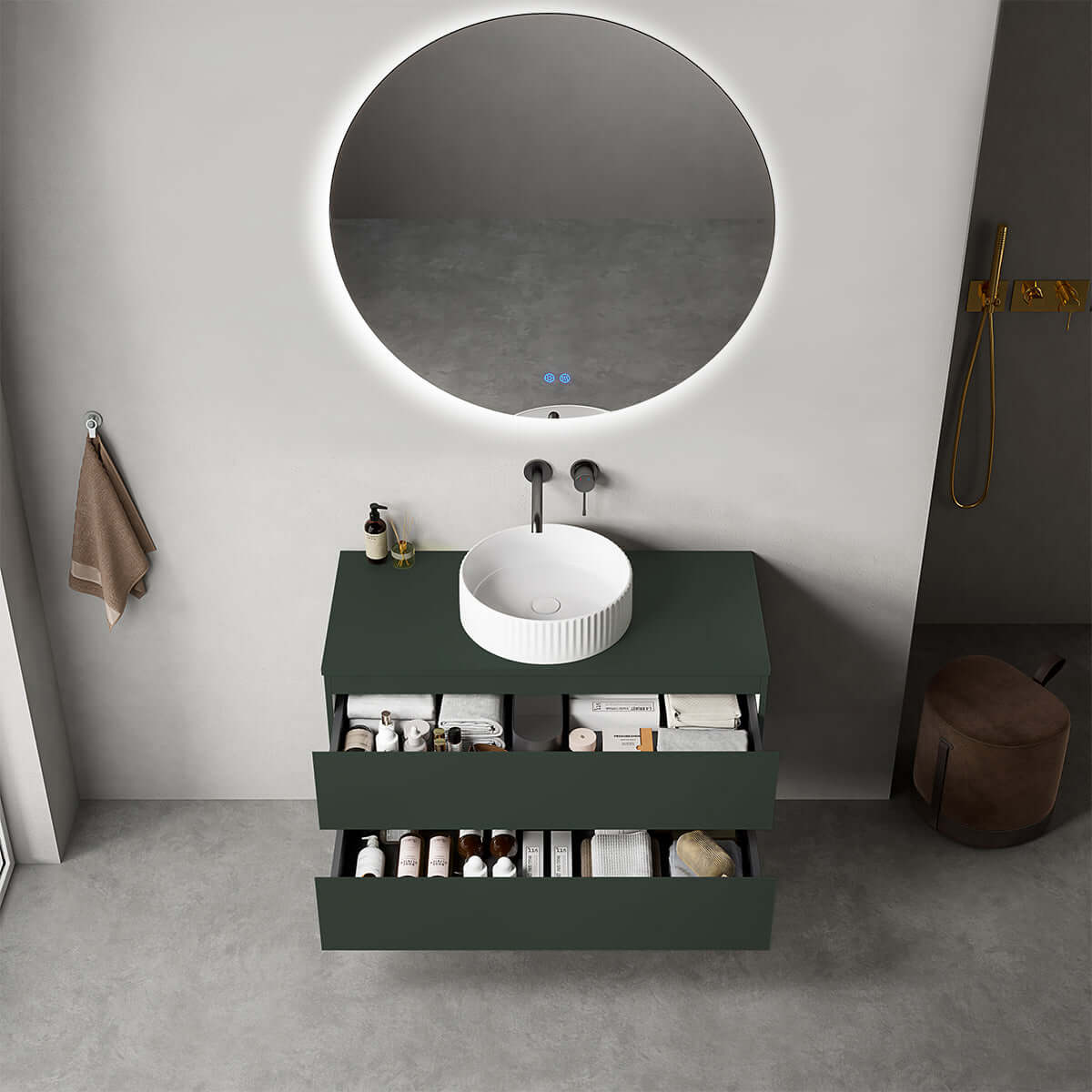 Mobile bagno sospeso 100 cm Verde Comodoro per Lavabo d'appoggio Specchio Tondo Retroilluminato - Fiji Paint