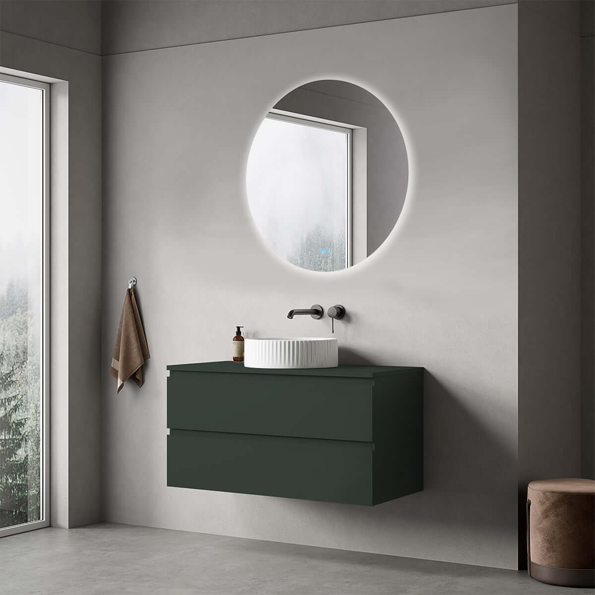 Mobile bagno sospeso 100 cm Verde Comodoro per Lavabo d'appoggio Specchio Tondo Retroilluminato - Fiji Paint